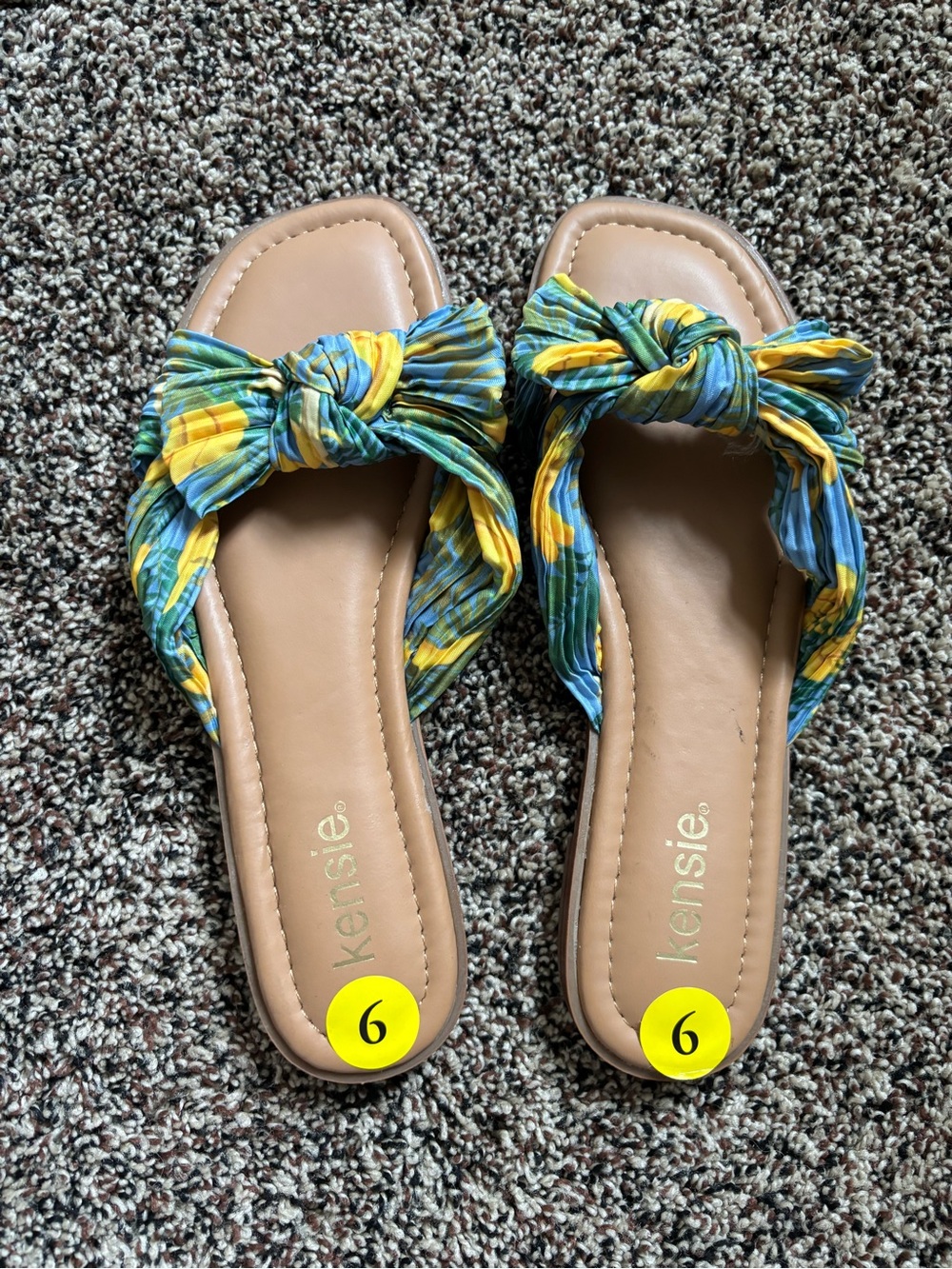Kensie Tan Slide Sandals with Blue, Green & Yellow Knot Straps